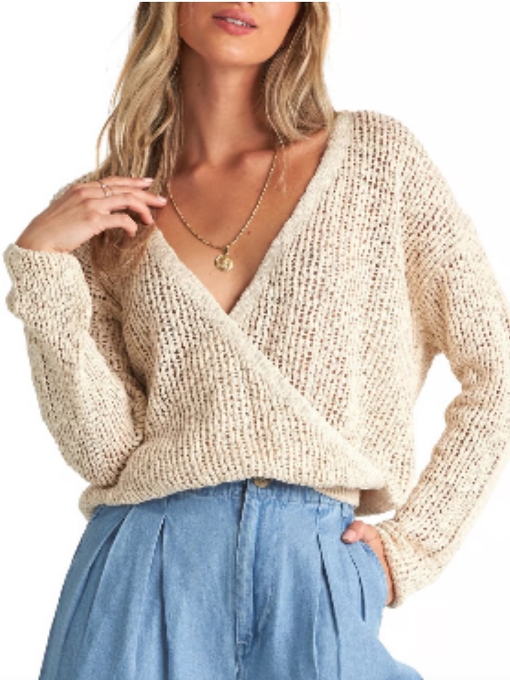 Billabong Sweet Bliss Open Knit Faux Wrap Sweater in cream